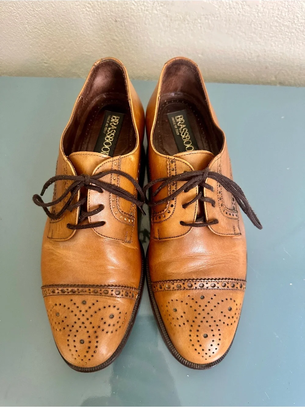 VTG Brassboot Mens Oxford Sz 8.5 D Tan Leather Cap Toe Brogue Italy Dress Shoes